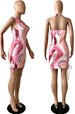 Pink Sexy Printing Halter Neck Low-Cut Backless Slim Fitting Mini Dress YNS1650-1