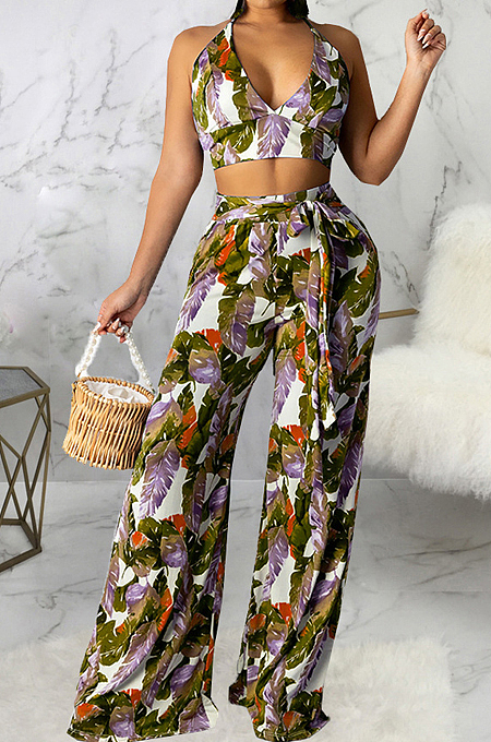 Blue Sexy Digital Printing Spliced Halter Neck V Collar Strapless Bandage High Waist Wide Leg Pants Two-Piece SMR10528-2