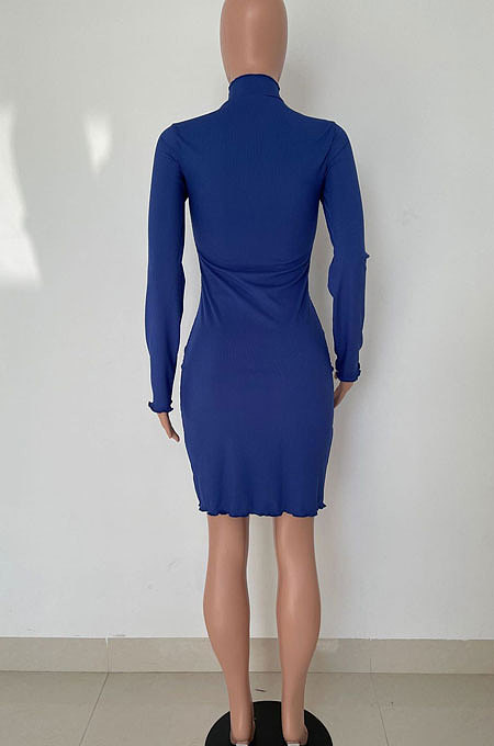 Black Women Pure Color Stand Collar Sexy Ribber Lace Long Sleeve Mini Dress AMW8332-1
