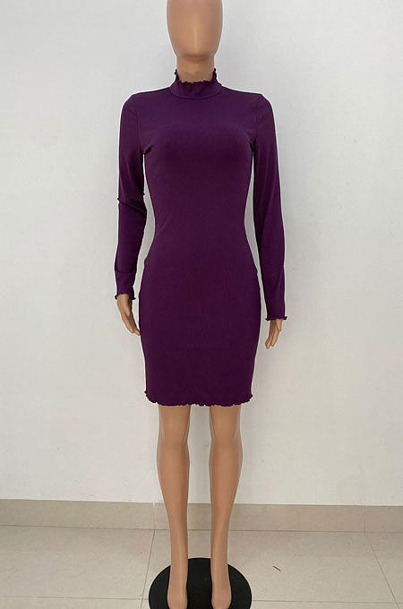 Rose Red Women Pure Color Stand Collar Sexy Ribber Lace Long Sleeve Mini Dress AMW8332-3