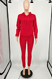 Red Casual Cotton Blend Long Sleeve With Pocket Hoodie Pants Solid Color Sport Sets YM213-2