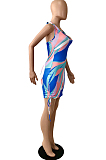 Blue Sexy Printing Halter Neck Low-Cut Backless Slim Fitting Mini Dress YNS1650-2