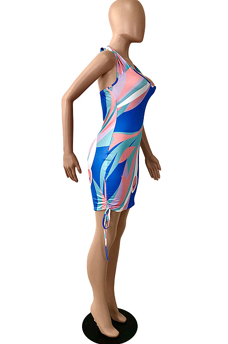 Blue Sexy Printing Halter Neck Low-Cut Backless Slim Fitting Mini Dress YNS1650-2