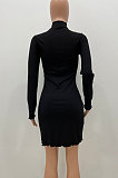 Blue Women Pure Color Stand Collar Sexy Ribber Lace Long Sleeve Mini Dress AMW8332-4