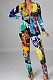 Yellow Euramerican Printing Long Sleeve Stand Collar Zipper Collcet Waist  Bodycon Jumpsuits HHM6359-2