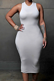 Gray White Simple Pure Color Sleeveless Round Collar Back Hollow Out Ruffle Slim Fitting Bodycon Dress MLL121-1