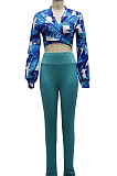 Cyan Green Wholesal Women Digital Printing Long Sleeve Deep V Collar Bandage Crop Top High Waist Bodycon Pants Casual Two-Piece SMR10517-2