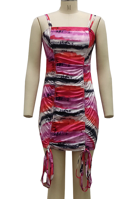 Orange Multicolor Tid Dye Printing Condole Belt Straless Ruffle Drawsting Sexy Hip Dress SMR10538-2