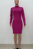 Blue Women Pure Color Stand Collar Sexy Ribber Lace Long Sleeve Mini Dress AMW8332-4
