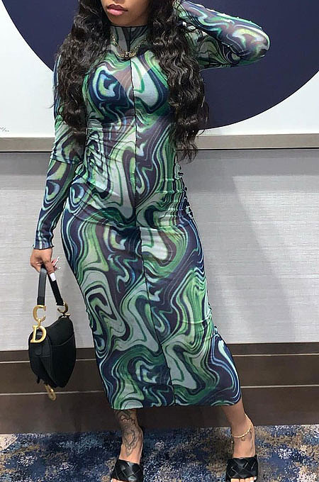 Printing Euramerican Women Fashion Mesh Spaghetti Long Sleeve Long Dress AA527
