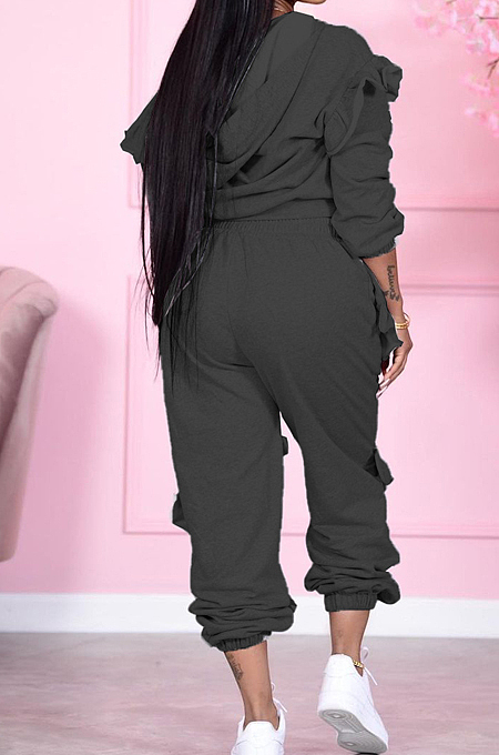 Black Cotton Blend Long Sleeve Zippet Hoodie Elasticband Pants Flounce Solid Color Sport Sets MN8333-3
