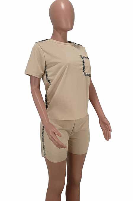 Light Blue Summer Short Sleeve Round Neck T-Shirt Shorts Gold Line Casual Two-Piece HHM6305-2