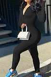 Light Blue Women Solid Color Casual Long Sleeve Zipper Ribber Bodycon Jumpsuits AMW8329-2