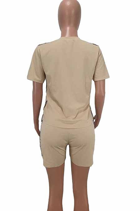 Light Blue Summer Short Sleeve Round Neck T-Shirt Shorts Gold Line Casual Two-Piece HHM6305-2