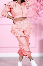 Pink Cotton Blend Long Sleeve Zippet Hoodie Elasticband Pants Flounce Solid Color Sport Sets MN8333-1