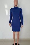Blue Women Pure Color Stand Collar Sexy Ribber Lace Long Sleeve Mini Dress AMW8332-4