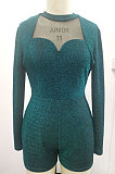 Green Women Autumn Winter Sexy Spliced Mesh Spaghetti Tight Glittering Romper Shorts SFM67-1