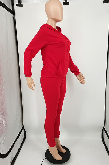 Red Casual Cotton Blend Long Sleeve With Pocket Hoodie Pants Solid Color Sport Sets YM213-2