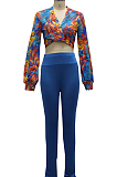 Cyan Green Wholesal Women Digital Printing Long Sleeve Deep V Collar Bandage Crop Top High Waist Bodycon Pants Casual Two-Piece SMR10517-2
