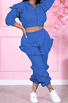 Blue Cotton Blend Long Sleeve Zippet Hoodie Elasticband Pants Flounce Solid Color Sport Sets MN8333-2