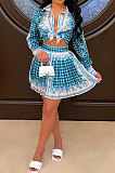 Green Women Fashion Shirts Ruffle Skirts Printing Two-Pieces AA5276-6