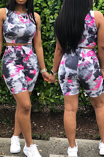 Rose Red Simplee Ribber Tie Dye Printing Sleeveless O Collar Shorts Casual Two-Piece U7073-1