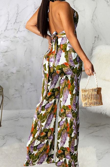 Green Sexy Digital Printing Spliced Halter Neck V Collar Strapless Bandage High Waist Wide Leg Pants Two-Piece SMR10528-1