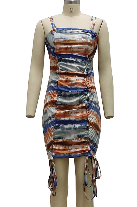 Orange Multicolor Tid Dye Printing Condole Belt Straless Ruffle Drawsting Sexy Hip Dress SMR10538-2