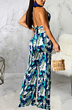Green Sexy Digital Printing Spliced Halter Neck V Collar Strapless Bandage High Waist Wide Leg Pants Two-Piece SMR10528-1
