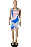 Pink Sexy Printing Halter Neck Low-Cut Backless Slim Fitting Mini Dress YNS1650-1