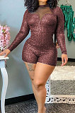 Blue Women Autumn Winter Sexy Spliced Mesh Spaghetti Tight Glittering Romper Shorts SFM67-5