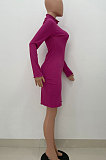 Blue Women Pure Color Stand Collar Sexy Ribber Lace Long Sleeve Mini Dress AMW8332-4