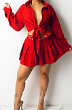 Red Simple Autumn Long Sleeve Lapel Neck Single-Breasted Shirt Mid Waist Peleated Skirts Sets CM2153-1