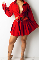 Red Simple Autumn Long Sleeve Lapel Neck Single-Breasted Shirt Mid Waist Peleated Skirts Sets CM2153-1