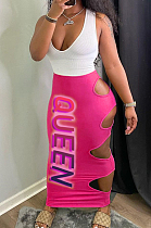 Pink Sexy Summer Sleeveless V Neck Tank Tight Hollow Out Letter Printing Hip Skirt Two-Piece H1636-1