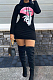 Black Casual Lips Print Long Sleeve Fleece Hoodie Slim Fitting Mini Dress QY5083