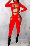 Black Club Women Hollow Out Crop Long Sleeve Insert Buckle Sexy Bodycon Jumpsuits MDF5258-4