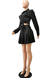 Red Simple Autumn Long Sleeve Lapel Neck Single-Breasted Shirt Mid Waist Peleated Skirts Sets CM2153-1