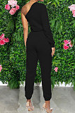 Black Women Pure Color Oblique Shoulder Long Sleeve Pants Sets MDF5255-2