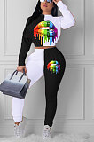 Orange Euramerican Trendy Casual Color Matching Digital Printing Lips Long Sleeve Round Collar Pants Sets MDF5093-3