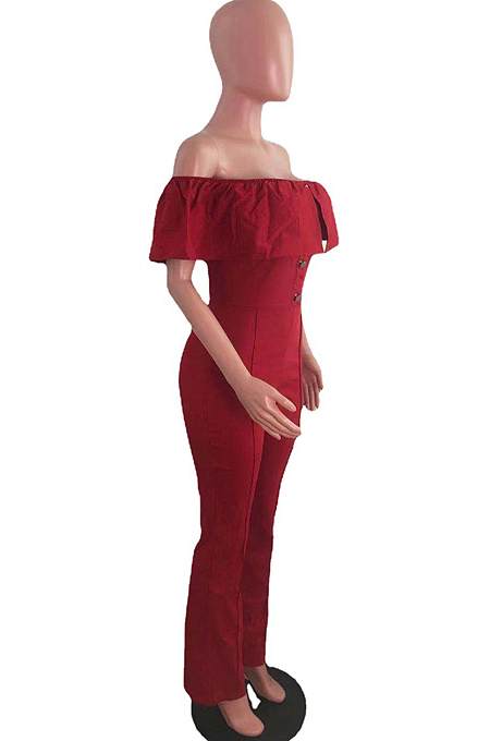 Blue Simple Casual Flounce A Word Shoulder Button Slim Fitting Pure Color Collcet Waist Jumpsuits QZ5320-1