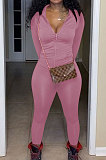 Wine Red Euramerican Women Trendy Solid Color Zipper Long Sleeve Tight Pants Sets MF5193-10