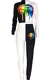 Orange Euramerican Trendy Casual Color Matching Digital Printing Lips Long Sleeve Round Collar Pants Sets MDF5093-3