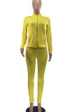 Blue Euramerican Women Trendy Solid Color Zipper Long Sleeve Tight Pants Sets MF5193-9