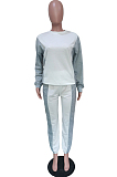 Gray White Casual Color Matching Long Sleeve Round Collar Fleece Sweat Pants Two-Piece BBN192 