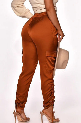 Brown Euramerican Women Loose Shirred Detail Overall Harem Pants HJC630285317465