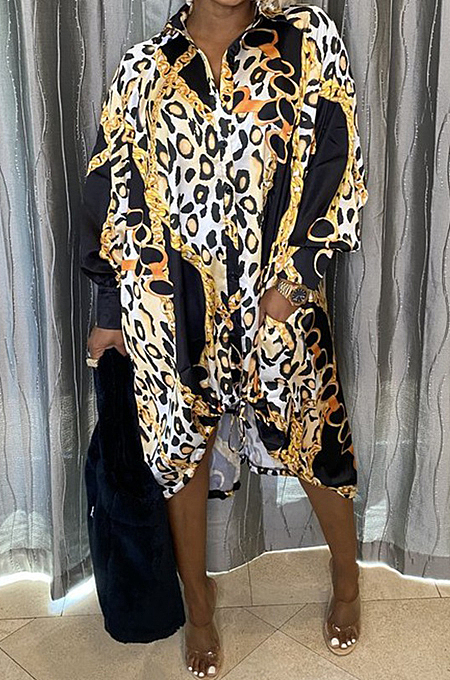 Yellow New Autumn Printing Long Sleeve Lapel Collar Single-Breasted Loose Shirt Dress BBN193-2