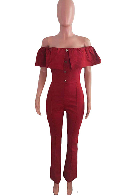 Blue Simple Casual Flounce A Word Shoulder Button Slim Fitting Pure Color Collcet Waist Jumpsuits QZ5320-1