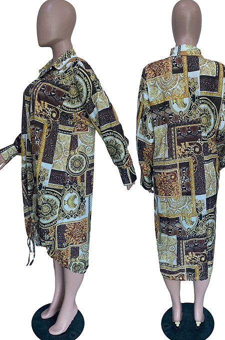 Yellow New Autumn Printing Long Sleeve Lapel Collar Single-Breasted Loose Shirt Dress BBN193-2