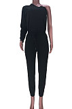 Pink Women Pure Color Oblique Shoulder Long Sleeve Pants Sets MDF5255-1
